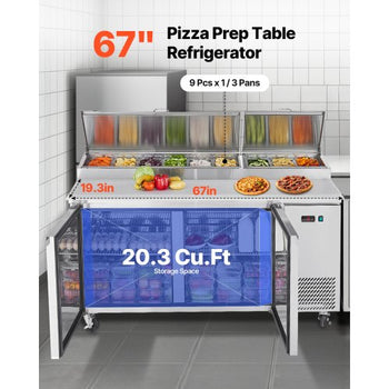 67"W Commercial Refrigerator, Pizza Prep Refrigerated Table, 20" Ultra Wide Countertop Food Prep Worktable, 20.3 Cu.Ft Single Door Salad Prep Fridge, 9 Pans Pizza Make Worktop with Cutting Board