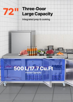 72" W Commercial Freezer, 17.7 Cu.Ft Worktop Freezers Undercounter with LED Auto Lighting and Lockable Door, 3 Doors Food Freezing Prep Worktable, Stainless Steel Prep Frozen Table with Casters