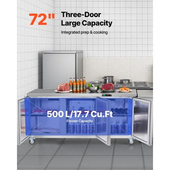 72" W Commercial Freezer, 17.7 Cu.Ft Worktop Freezers Undercounter with LED Auto Lighting and Lockable Door, 3 Doors Food Freezing Prep Worktable, Stainless Steel Prep Frozen Table with Casters