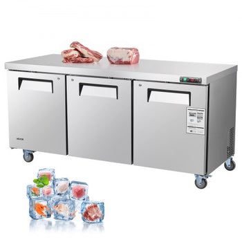 72" W Commercial Freezer, 17.7 Cu.Ft Worktop Freezers Undercounter with LED Auto Lighting and Lockable Door, 3 Doors Food Freezing Prep Worktable, Stainless Steel Prep Frozen Table with Casters