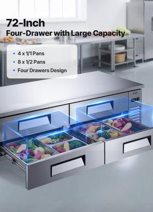 Chef Base Refrigerator, 72" W Commercial Chef Bases Worktop Refrigerators, 4-Drawer Under Counter Fridge with 12 Pans Stainless Steel, Heavy-Duty Refrigerated Base, Invisible Door Handle