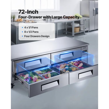 Chef Base Refrigerator, 72" W Commercial Chef Bases Worktop Refrigerators, 4-Drawer Under Counter Fridge with 12 Pans Stainless Steel, Heavy-Duty Refrigerated Base, Invisible Door Handle