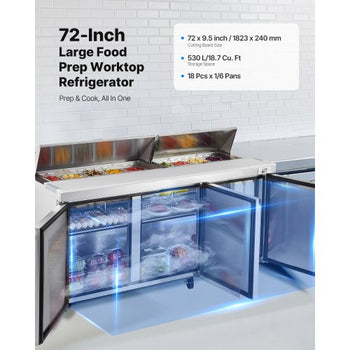 72"W Commercial Refrigerator, 18.7 Cu. Ft Sandwich Prep Refrigerated Table, Mega Top Food Prep Fridge with 18 Pans and Cutting Board, Stainless Steel Salad Prep Cooler for Restaurant, Food Truck