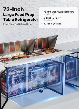 72"W Commercial Refrigerator, 18.7 Cu. Ft Sandwich Prep Refrigerated Table, Mega Top Food Prep Fridge with 30 Pans and Cutting Board, Stainless Steel Salad Prep Cooler for Restaurant, Food Truck