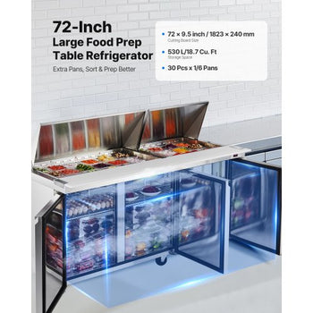 72"W Commercial Refrigerator, 18.7 Cu. Ft Sandwich Prep Refrigerated Table, Mega Top Food Prep Fridge with 30 Pans and Cutting Board, Stainless Steel Salad Prep Cooler for Restaurant, Food Truck