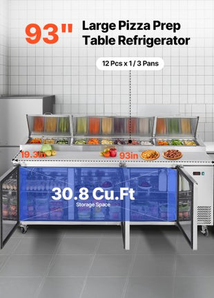 93"W Commercial Refrigerator, Pizza Prep Refrigerated Table, 20" Ultra Wide Countertop Food Prep Worktable, 30.8 Cu.Ft Single Door Salad Prep Fridge, 12 Pans Pizza Make Worktop with Cutting Board