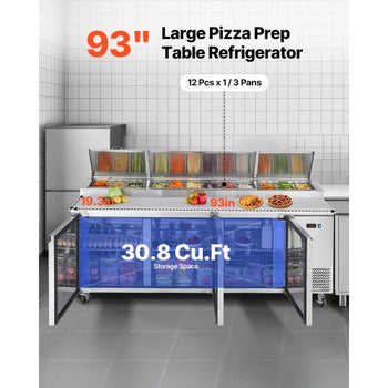 93"W Commercial Refrigerator, Pizza Prep Refrigerated Table, 20" Ultra Wide Countertop Food Prep Worktable, 30.8 Cu.Ft Single Door Salad Prep Fridge, 12 Pans Pizza Make Worktop with Cutting Board