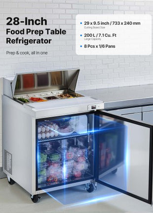 28"W Commercial Refrigerator, 7.1 Cu. Ft Sandwich Prep Refrigerated Table, Mega Top Food Prep Fridge with 8 Pans and Cutting Board, Stainless Steel Salad Prep Cooler for Restaurant, Food Truck