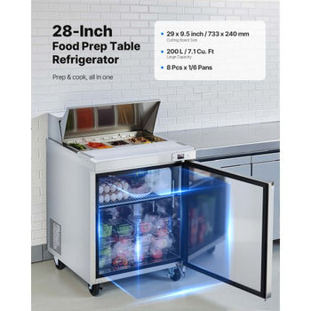 28"W Commercial Refrigerator, 7.1 Cu. Ft Sandwich Prep Refrigerated Table, Mega Top Food Prep Fridge with 8 Pans and Cutting Board, Stainless Steel Salad Prep Cooler for Restaurant, Food Truck