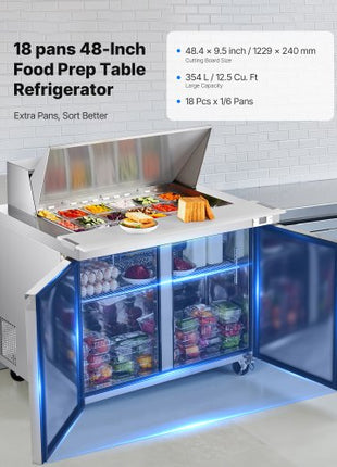 48"W Commercial Refrigerator, 12.5 Cu. Ft Sandwich Prep Refrigerated Table, Mega Top Food Prep Fridge with 18 Pans and Cutting Board, Stainless Steel Salad Prep Cooler for Restaurant, Food Truck