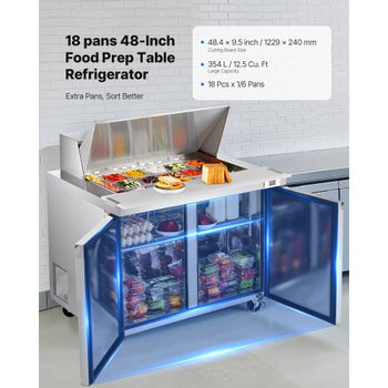 48"W Commercial Refrigerator, 12.5 Cu. Ft Sandwich Prep Refrigerated Table, Mega Top Food Prep Fridge with 18 Pans and Cutting Board, Stainless Steel Salad Prep Cooler for Restaurant, Food Truck