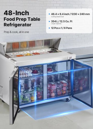 48"W Commercial Refrigerator, 12.5 Cu. Ft Sandwich Prep Refrigerated Table, Mega Top Food Prep Fridge with 12 Pans and Cutting Board, Stainless Steel Salad Prep Cooler for Restaurant, Food Truck