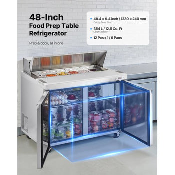 48"W Commercial Refrigerator, 12.5 Cu. Ft Sandwich Prep Refrigerated Table, Mega Top Food Prep Fridge with 12 Pans and Cutting Board, Stainless Steel Salad Prep Cooler for Restaurant, Food Truck