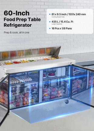 60"W Commercial Refrigerator, 15.4 Cu. Ft Sandwich Prep Refrigerated Table, Mega Top Food Prep Fridge with 16 Pans and Cutting Board, Stainless Steel Salad Prep Cooler for Restaurant, Food Truck