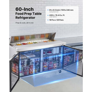 60"W Commercial Refrigerator, 15.4 Cu. Ft Sandwich Prep Refrigerated Table, Mega Top Food Prep Fridge with 16 Pans and Cutting Board, Stainless Steel Salad Prep Cooler for Restaurant, Food Truck