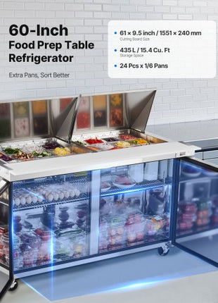 60"W Commercial Refrigerator, 15.4 Cu. Ft Sandwich Prep Refrigerated Table, Mega Top Food Prep Fridge with 24 Pans and Cutting Board, Stainless Steel Salad Prep Cooler for Restaurant, Food Truck