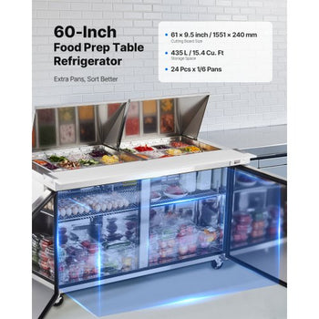 60"W Commercial Refrigerator, 15.4 Cu. Ft Sandwich Prep Refrigerated Table, Mega Top Food Prep Fridge with 24 Pans and Cutting Board, Stainless Steel Salad Prep Cooler for Restaurant, Food Truck