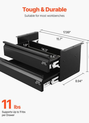 16" Wide Under Desk Drawer Slide Out, Under Desk Mounted Pull-out Drawer Attachment, Hidden Desktop 2 Layer Storage Organizer, Under Table Pencil Drawer for Home Sit Stand Workstation, 18x9x8 in