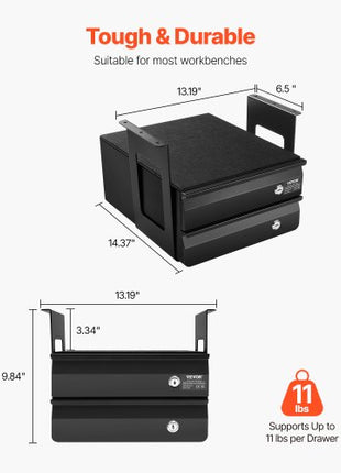 13" Wide Under Desk Drawer Slide Out, Under Table Pull-out Drawer Attachment, Hidden Desktop 2 Layer Storage Organizer, Lockable Undermount Pencil Drawer for Sit Stand Workstation, 14x13x10 in