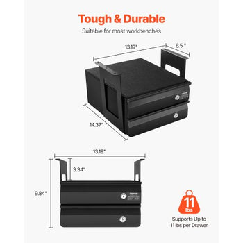 13" Wide Under Desk Drawer Slide Out, Under Table Pull-out Drawer Attachment, Hidden Desktop 2 Layer Storage Organizer, Lockable Undermount Pencil Drawer for Sit Stand Workstation, 14x13x10 in