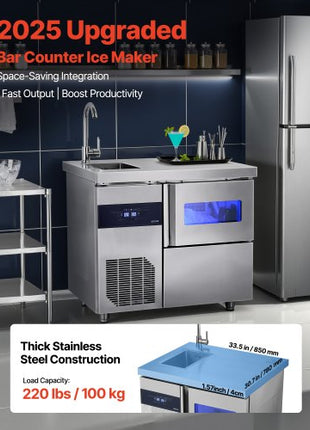 Commercial Ice Maker Machine, 132 lbs/24H Stainless Steel Worktop Ice Machine with Sink, 30 lbs Storage & 70 Cubes/Cycle, Self-Cleaning Freestanding Ice-Making for Home Bar Restaurant Kitchen