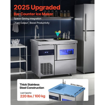 Commercial Ice Maker Machine, 132 lbs/24H Stainless Steel Worktop Ice Machine with Sink, 30 lbs Storage & 70 Cubes/Cycle, Self-Cleaning Freestanding Ice-Making for Home Bar Restaurant Kitchen
