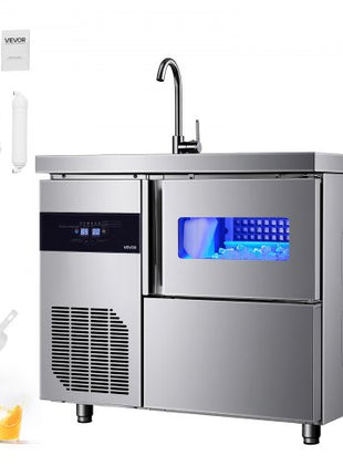 Commercial Ice Maker Machine, 132 lbs/24H Stainless Steel Worktop Ice Machine with Sink, 30 lbs Storage & 70 Cubes/Cycle, Self-Cleaning Freestanding Ice-Making for Home Bar Restaurant Kitchen