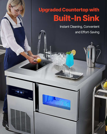 Commercial Ice Maker Machine, 132 lbs/24H Stainless Steel Worktop Ice Machine with Sink, 30 lbs Storage & 70 Cubes/Cycle, Self-Cleaning Freestanding Ice-Making for Home Bar Restaurant Kitchen