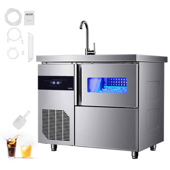Commercial Ice Maker Machine, 132 lbs/24H Stainless Steel Worktop Ice Machine with Sink, 30 lbs Storage & 70 Cubes/Cycle, Self-Cleaning Freestanding Ice-Making for Home Bar Restaurant Kitchen