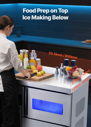 Commercial Ice Maker Machine, 132 lbs/24H Stainless Steel Ice Machine with Worktop, 30 lbs Storage & 70 Cubes/Cycle, Self-Cleaning Freestanding Ice-Making for Home Bar Office Restaurant Kitchen