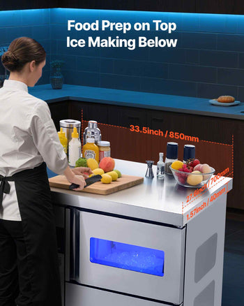 Commercial Ice Maker Machine, 132 lbs/24H Stainless Steel Ice Machine with Worktop, 30 lbs Storage & 70 Cubes/Cycle, Self-Cleaning Freestanding Ice-Making for Home Bar Office Restaurant Kitchen