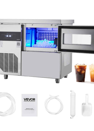 Commercial Ice Maker Machine, 132 lbs/24H Stainless Steel Ice Machine with Worktop, 30 lbs Storage & 70 Cubes/Cycle, Self-Cleaning Freestanding Ice-Making for Home Bar Office Restaurant Kitchen