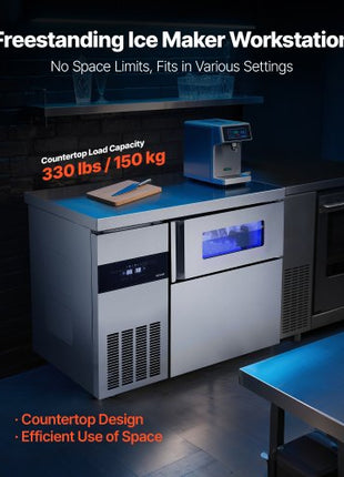 Commercial Ice Maker Machine, 220 lbs/24H Stainless Steel Ice Machine with Worktop, 66 lbs Storage & 108 Cubes/Cycle, Self-Cleaning Freestanding Ice-Making for Home Bar Office Restaurant Kitchen