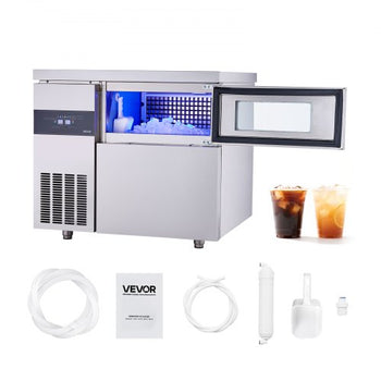 Commercial Ice Maker Machine, 265 lbs/24H Stainless Steel Ice Machine with Worktop, 66 lbs Storage & 126 Cubes/Cycle, Self-Cleaning Freestanding Ice-Making for Home Bar Office Restaurant Kitchen