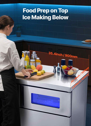 Commercial Ice Maker Machine, 265 lbs/24H Stainless Steel Ice Machine with Worktop, 66 lbs Storage & 126 Cubes/Cycle, Self-Cleaning Freestanding Ice-Making for Home Bar Office Restaurant Kitchen