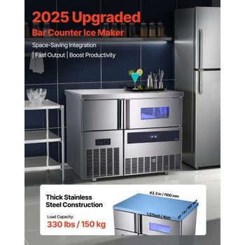 Commercial Ice Maker Machine, 330 lbs/24H Stainless Steel Ice Machine with Worktop, 88 lbs Storage & 144 Cubes/Cycle, Self-Cleaning Freestanding Ice-Making for Home Bar Office Restaurant Kitchen