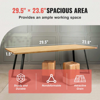 Natural wood desk with a light oak finish, sturdy black metal legs, 29.5” x 23.6” workspace, modern design.