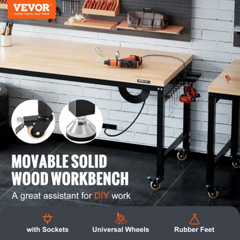 Adjustable Workbench, 72" L X 25" W Garage Worktable with Universal Wheels, 28-39.5" Heights & 3000 LBS Load Capacity, with Power Outlets & Hardwood Top & Storage & Foot Pads, for Office Home