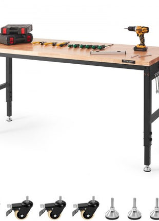 Adjustable Workbench, 72" L X 25" W Garage Worktable with Universal Wheels, 28-39.5" Heights & 3000 LBS Load Capacity, with Power Outlets & Hardwood Top & Storage & Foot Pads, for Office Home