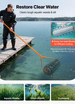 Lake Weed Roller, 12 ft Lake & Pond Weed Removal Tool, Muck Razer Aquatic & Sludge Tiller, Rid Roots and Muck Buildup, 9 Preassembled Galvanized Iron Blades, 3 Aluminum Handles, Easy Assembly