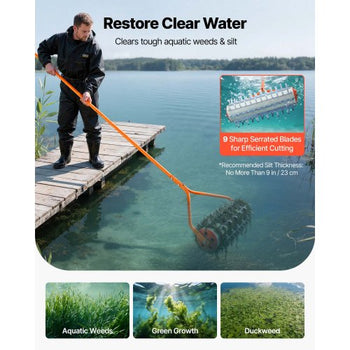 Lake Weed Roller, 12 ft Lake & Pond Weed Removal Tool, Muck Razer Aquatic & Sludge Tiller, Rid Roots and Muck Buildup, 9 Preassembled Galvanized Iron Blades, 3 Aluminum Handles, Easy Assembly