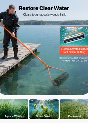 Lake Weed Roller, 14.1 ft Stainless Steel Lake & Pond Weed Removal Tool, Muck Razer Aquatic & Sludge Tiller, Rid Roots and Muck Buildup, 6 Preassembled Stainless Steel Blades, 4 Aluminum Handles