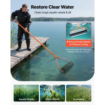 Lake Weed Roller, 14.1 ft Stainless Steel Lake & Pond Weed Removal Tool, Muck Razer Aquatic & Sludge Tiller, Rid Roots and Muck Buildup, 6 Preassembled Stainless Steel Blades, 4 Aluminum Handles