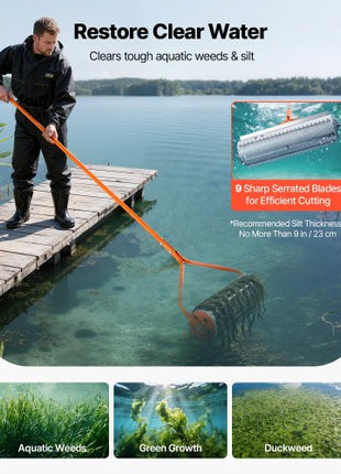 Lake Weed Roller, 18 ft Lake & Pond Weed Removal Tool, Muck Razer Aquatic & Sludge Tiller, Rid Roots and Muck Buildup, 6 Preassembled Stainless Steel Blades, 5 Aluminum Handles, Easy Assembly