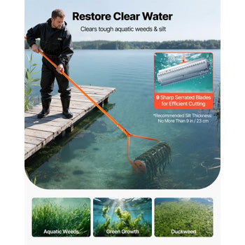 Lake Weed Roller, 18 ft Lake & Pond Weed Removal Tool, Muck Razer Aquatic & Sludge Tiller, Rid Roots and Muck Buildup, 6 Preassembled Stainless Steel Blades, 5 Aluminum Handles, Easy Assembly