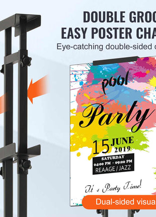 Black metal double-sided poster display with colorful abstract design, ideal for events and promotions. Easy poster change.