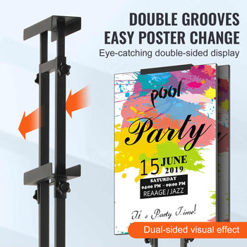 Black metal double-sided poster display with colorful abstract design, ideal for events and promotions. Easy poster change.