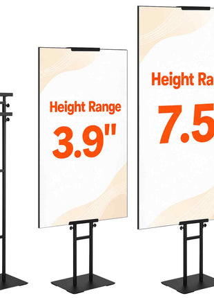 Black adjustable display stands with clear panels, height ranges 3.9" to 7.5", perfect for advertising and promotions.