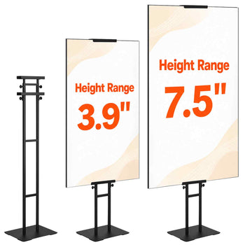 Black adjustable display stands with clear panels, height ranges 3.9" to 7.5", perfect for advertising and promotions.