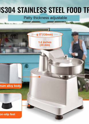 SUS304 stainless steel food tray with adjustable patty thickness, durable aluminum alloy body, non-slip feet, silver finish.
